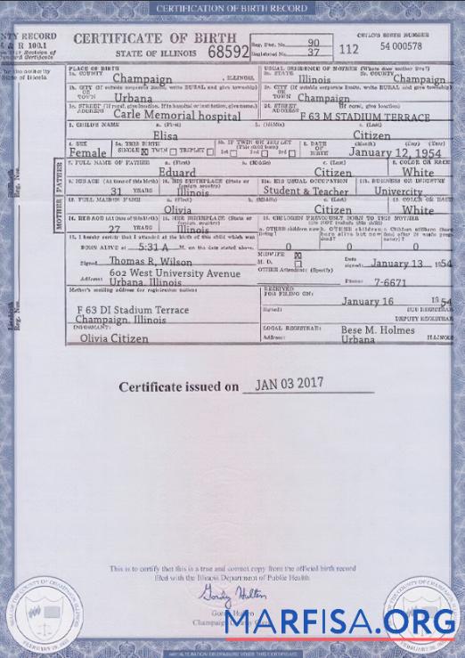 Realistic USA Illinois state birth certificate template in PSD format